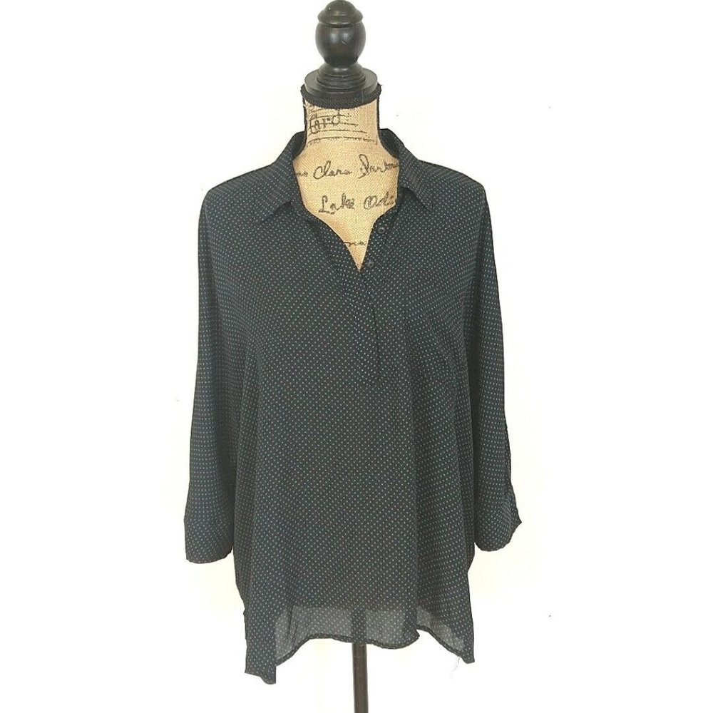 LOFT Top Black Polka Dot 1/4 Button Collared 3/4 Batwing Sleeve Pocket sz L